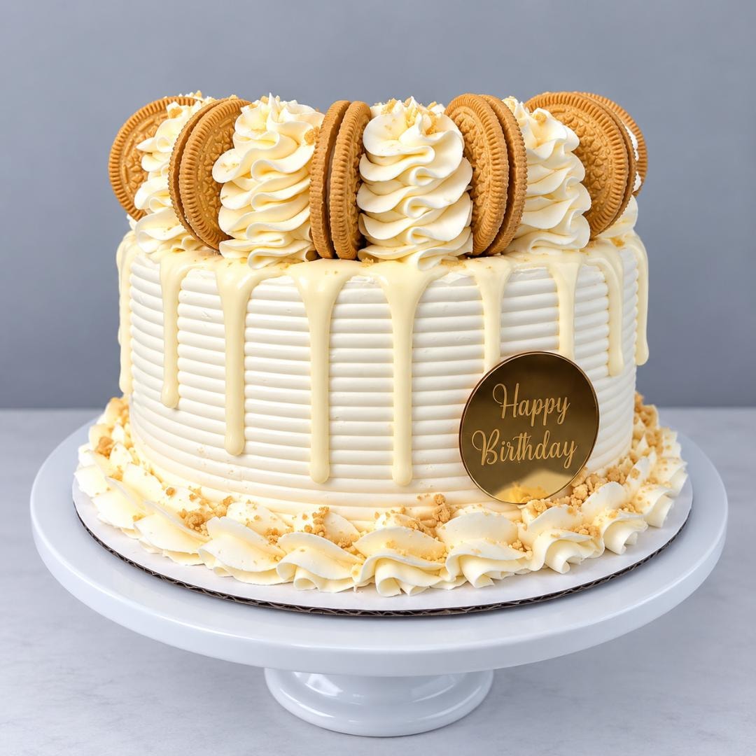 Vanilla birthday cake with sandwich cookies and a gold Happy Birthday charm