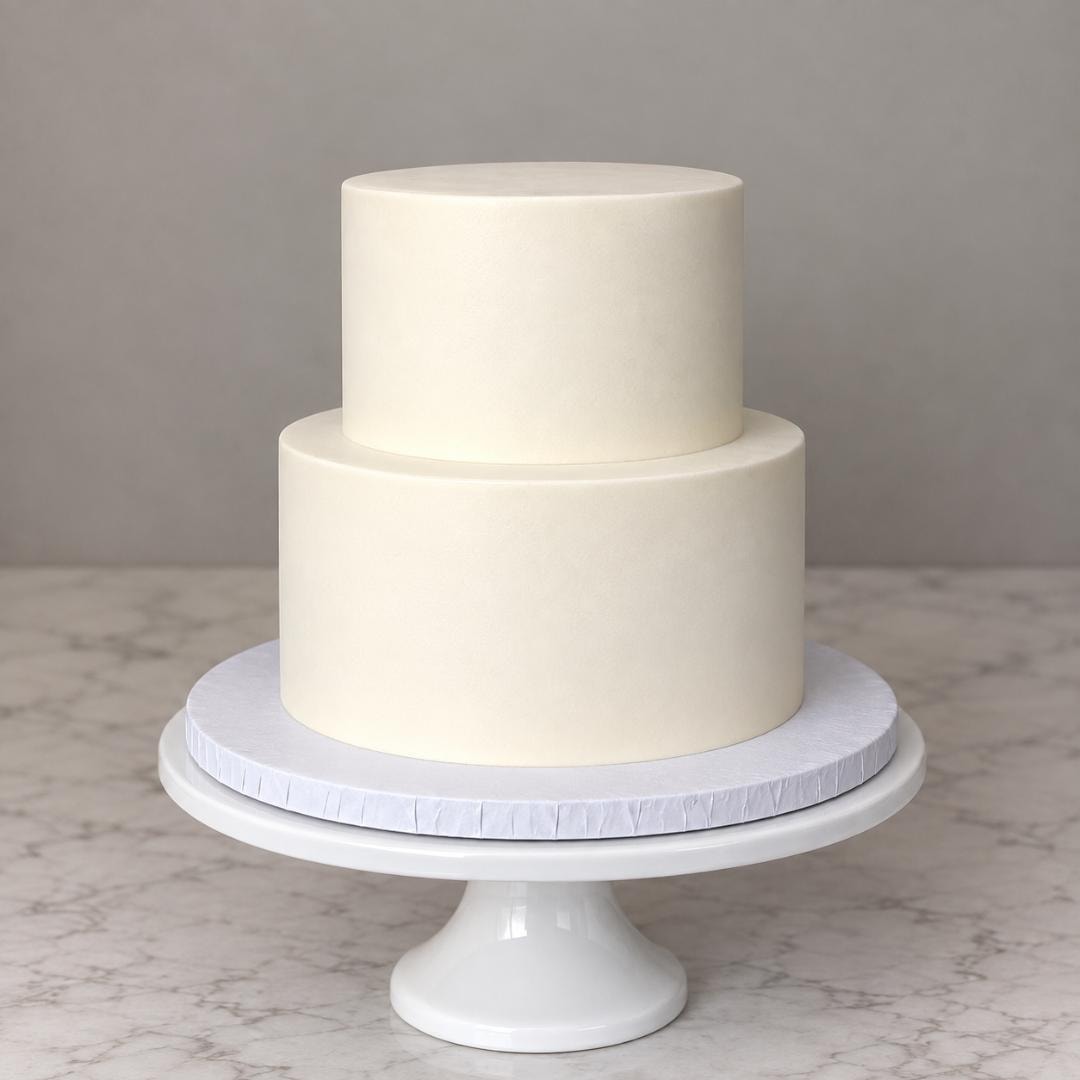6 and 8-inch 2-tier simple cake on a white pedestal stand