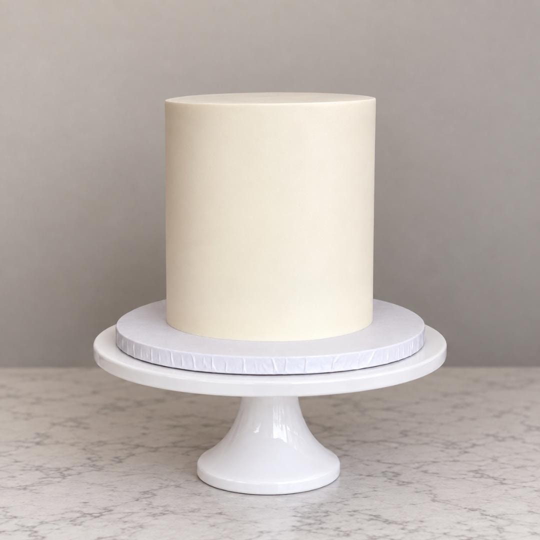6-inch 4-layer tall simple cake on a white pedestal stand